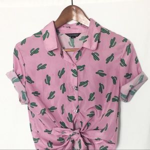 Kitschy desert cactus button-up lavender blouse